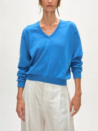 White + Warren - Organic Cotton Blend Rib Trim V - neck - blue - clothing - cotton - blend