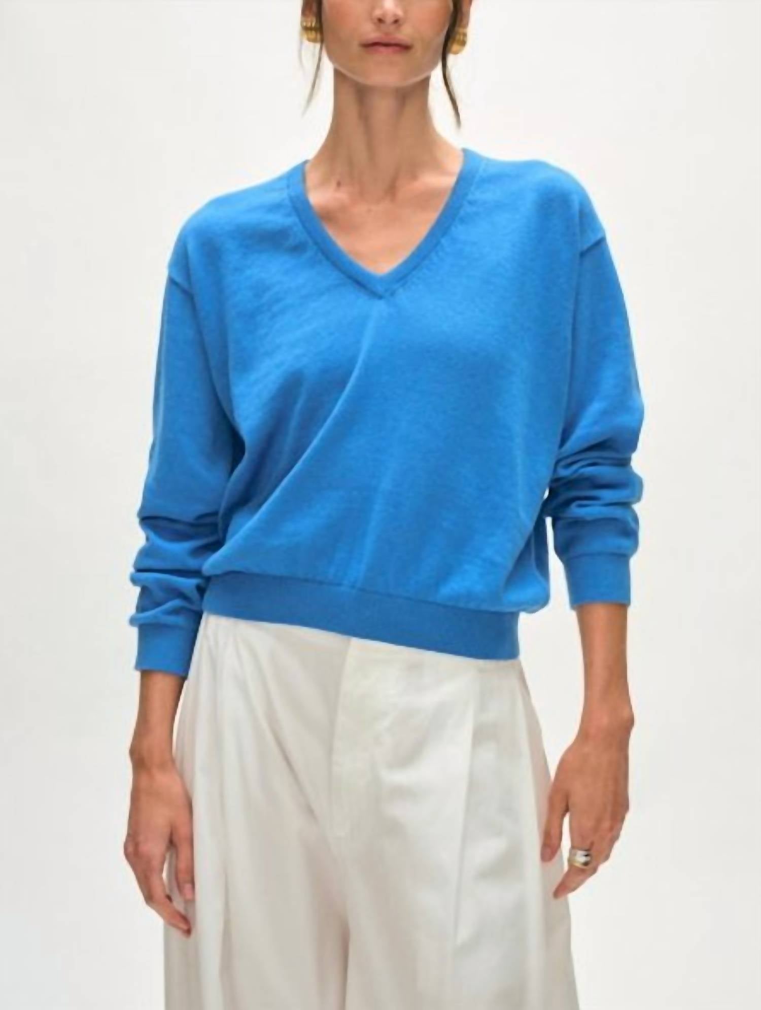 White + Warren - Organic Cotton Blend Rib Trim V - neck - blue - clothing - cotton - blend