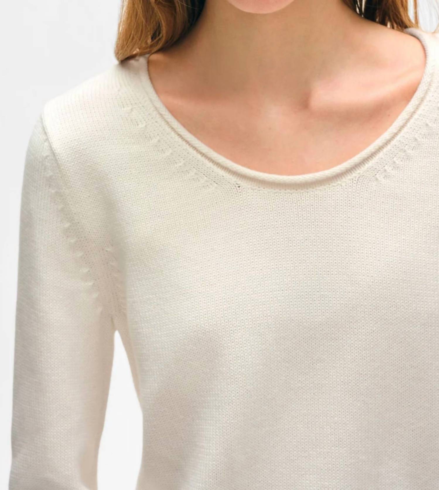White + Warren - Organic Cotton Roll Trim Crew Sweater - clothing - cotton - crew