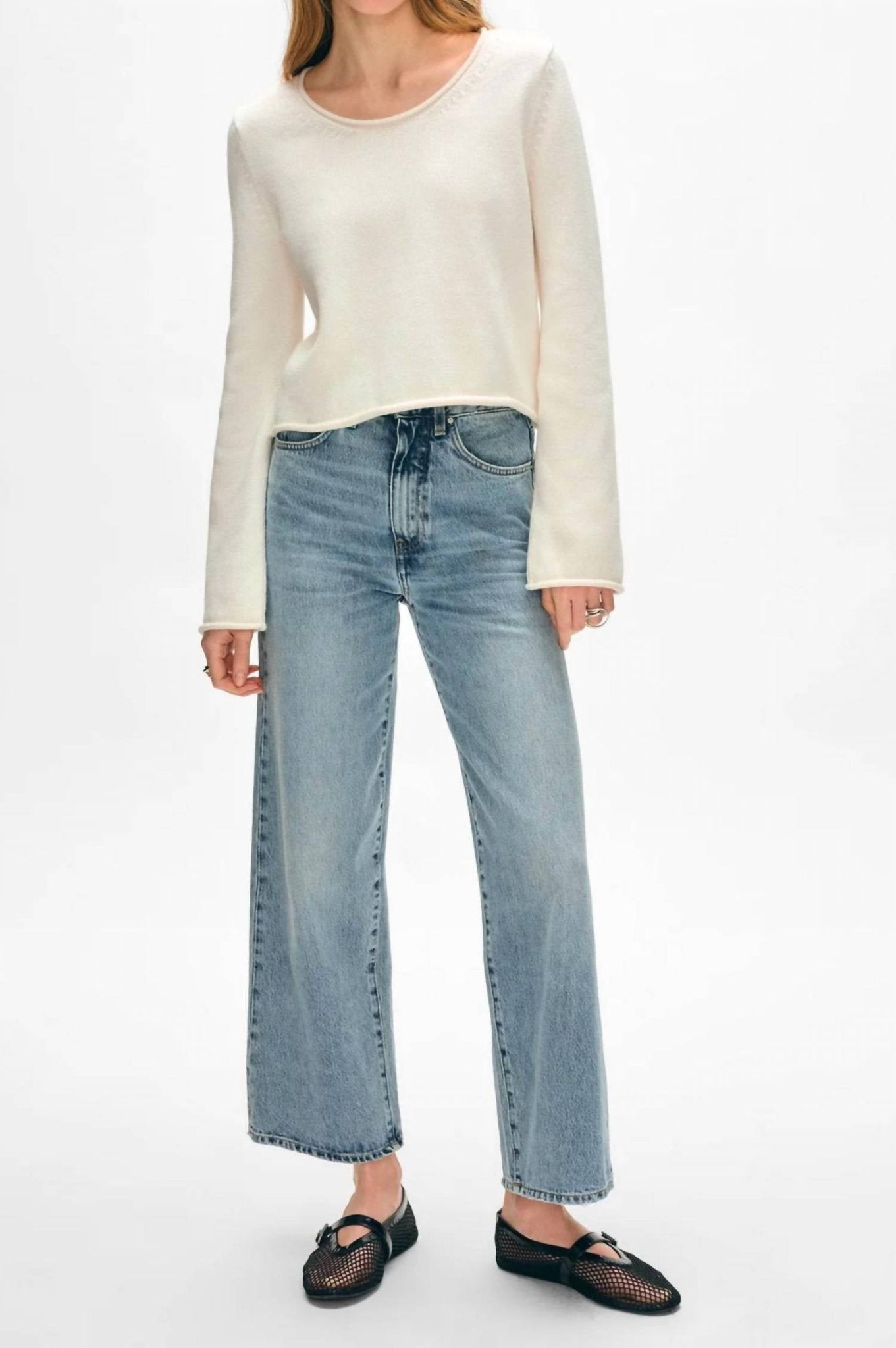 White + Warren - Organic Cotton Roll Trim Crew Sweater - clothing - cotton - crew