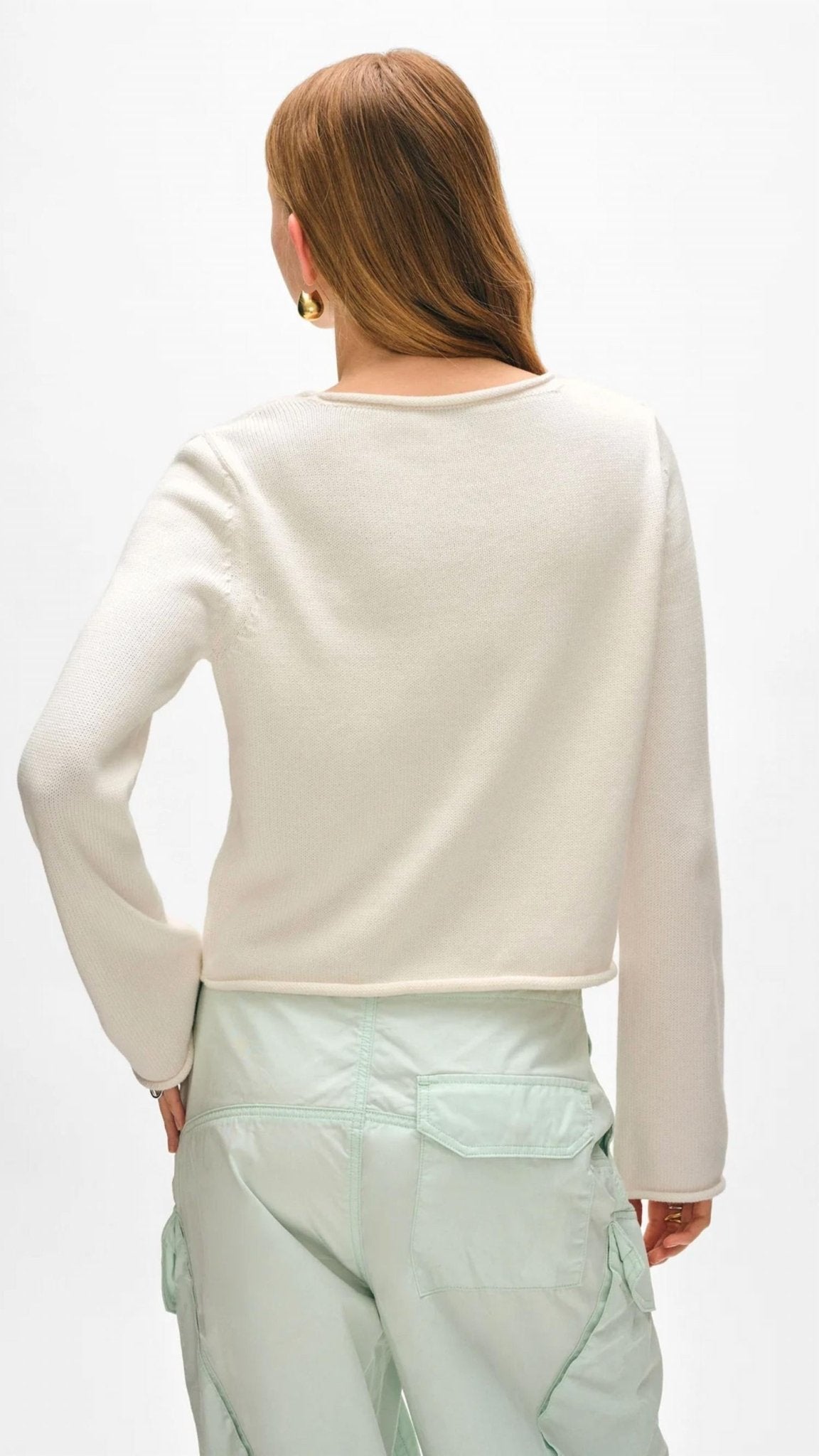 White + Warren - Organic Cotton Roll Trim Crew Sweater - clothing - cotton - crew
