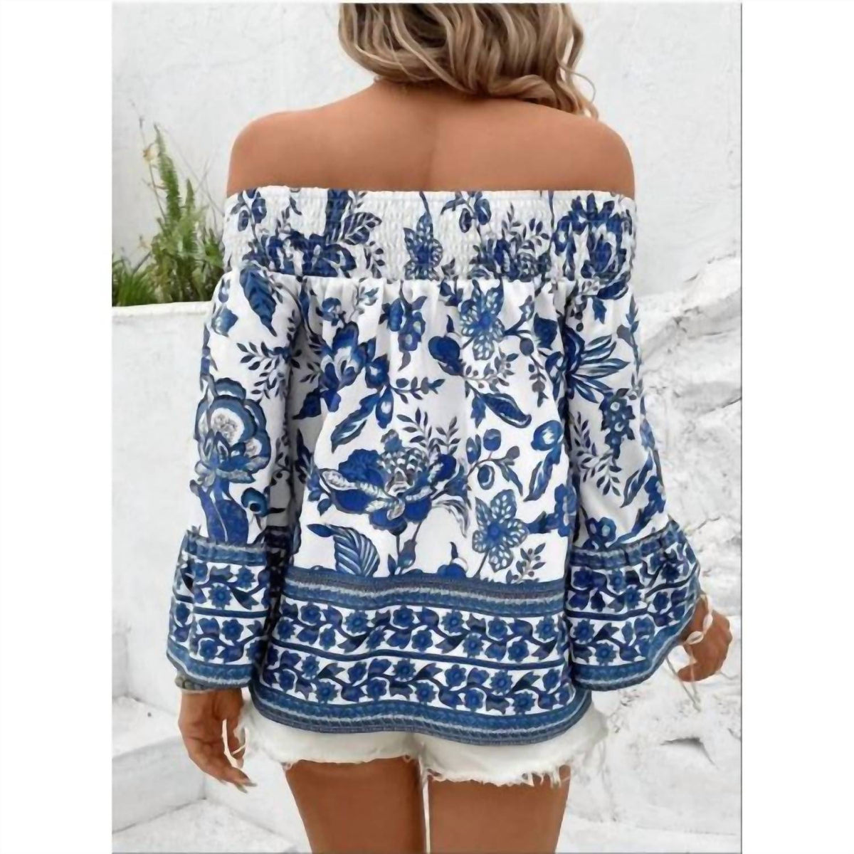 Wholesalesir - Smocked Printed Off-Shoulder Blouse
