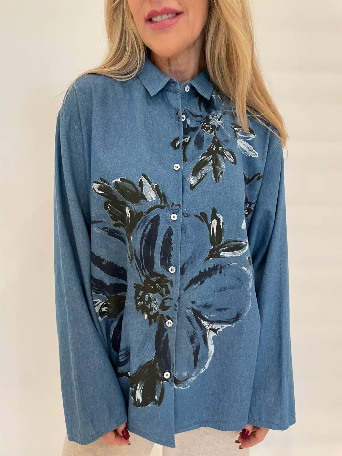 Whyci Milano - Doris Denim Hand - painted Flores Shirt - blue - button - down - shirts - clothing
