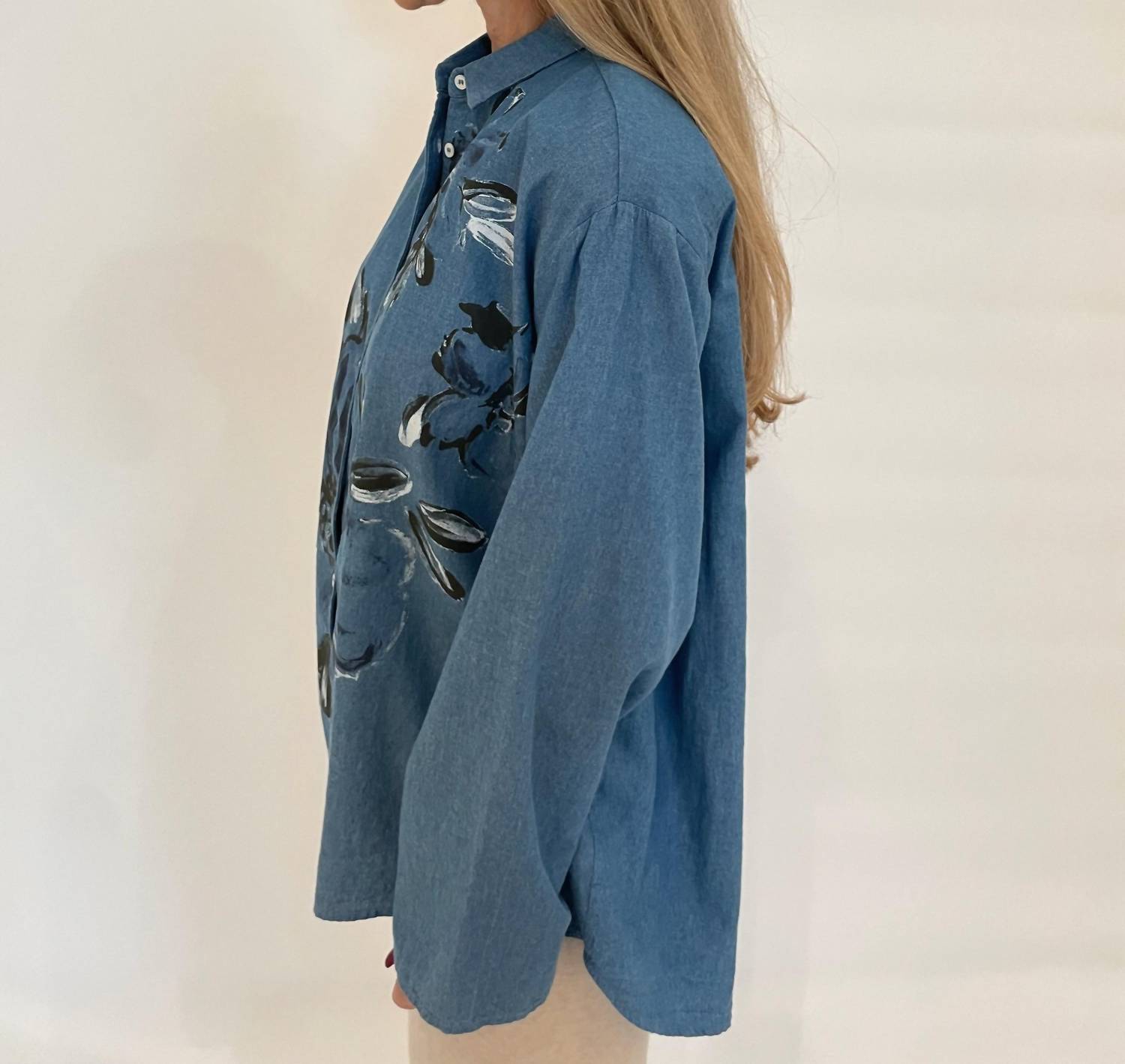Whyci Milano - Doris Denim Hand - painted Flores Shirt - blue - button - down - shirts - clothing