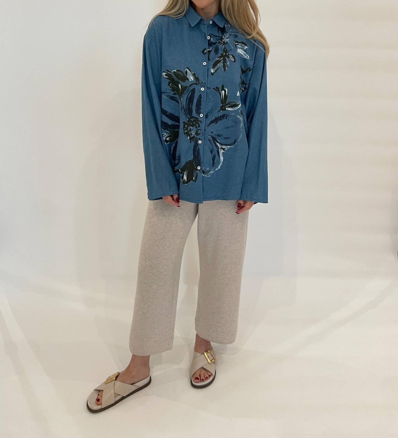 Whyci Milano - Doris Denim Hand - painted Flores Shirt - blue - button - down - shirts - clothing