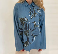 Whyci Milano - Doris Denim Hand - painted Flores Shirt - blue - button - down - shirts - clothing