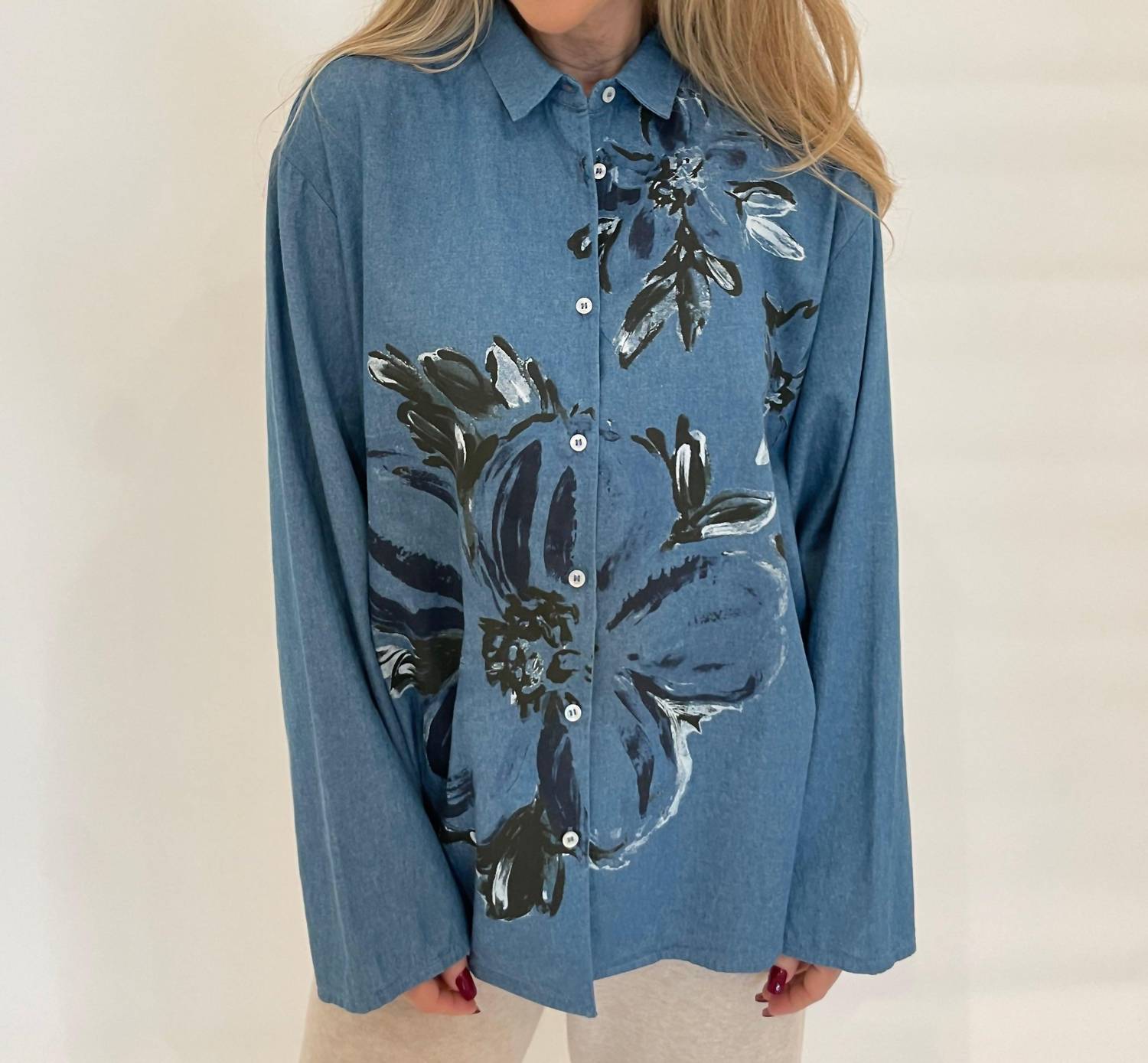 Whyci Milano - Doris Denim Hand - painted Flores Shirt - blue - button - down - shirts - clothing
