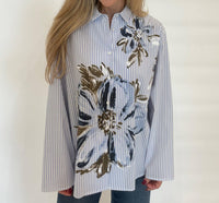 Whyci Milano - Fiona Stripe Hand - painted Flower Shirt - blue - button - down - shirts - clothing