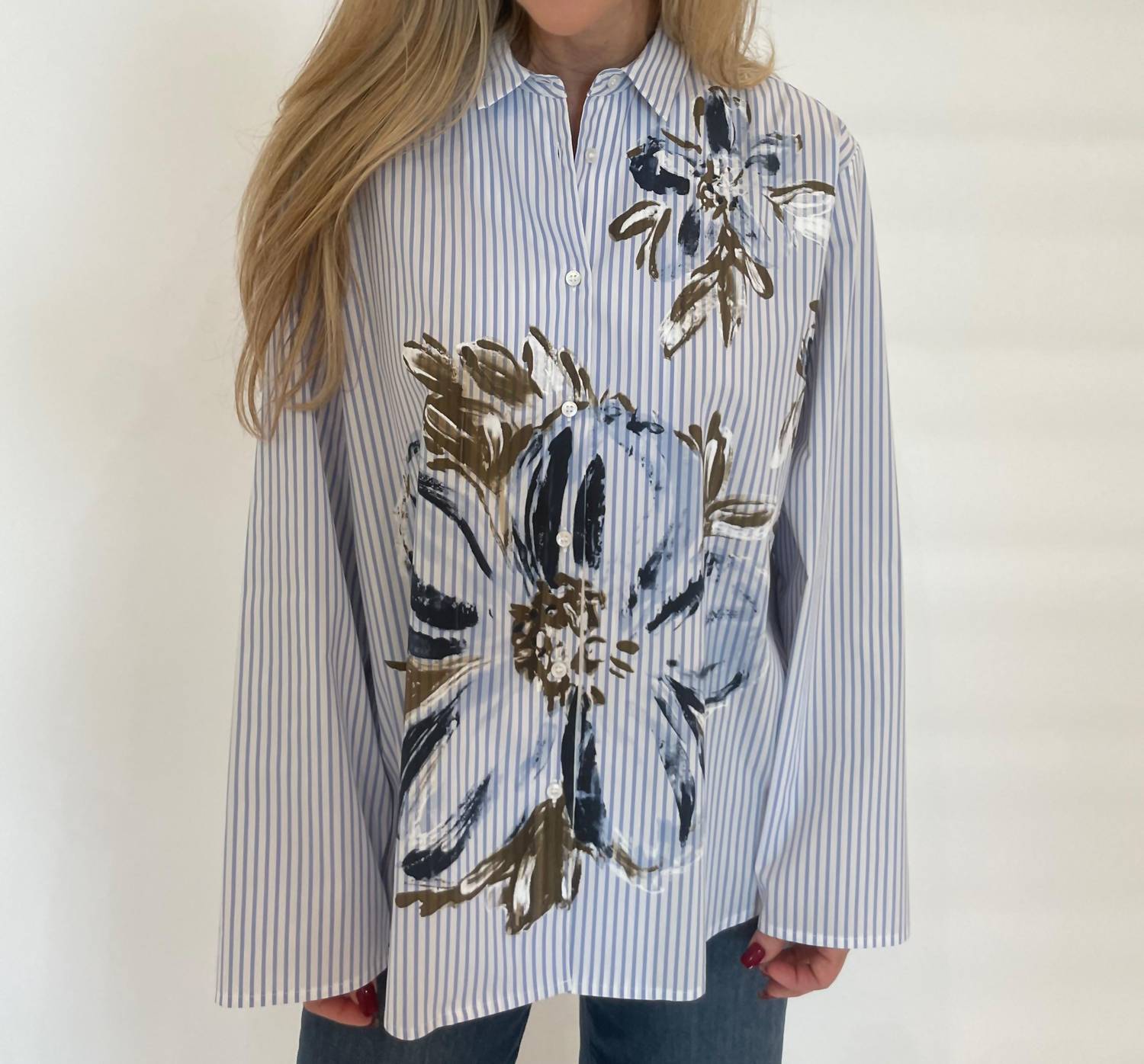 Whyci Milano - Fiona Stripe Hand - painted Flower Shirt - blue - button - down - shirts - clothing