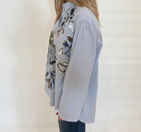 Whyci Milano - Fiona Stripe Hand - painted Flower Shirt - blue - button - down - shirts - clothing