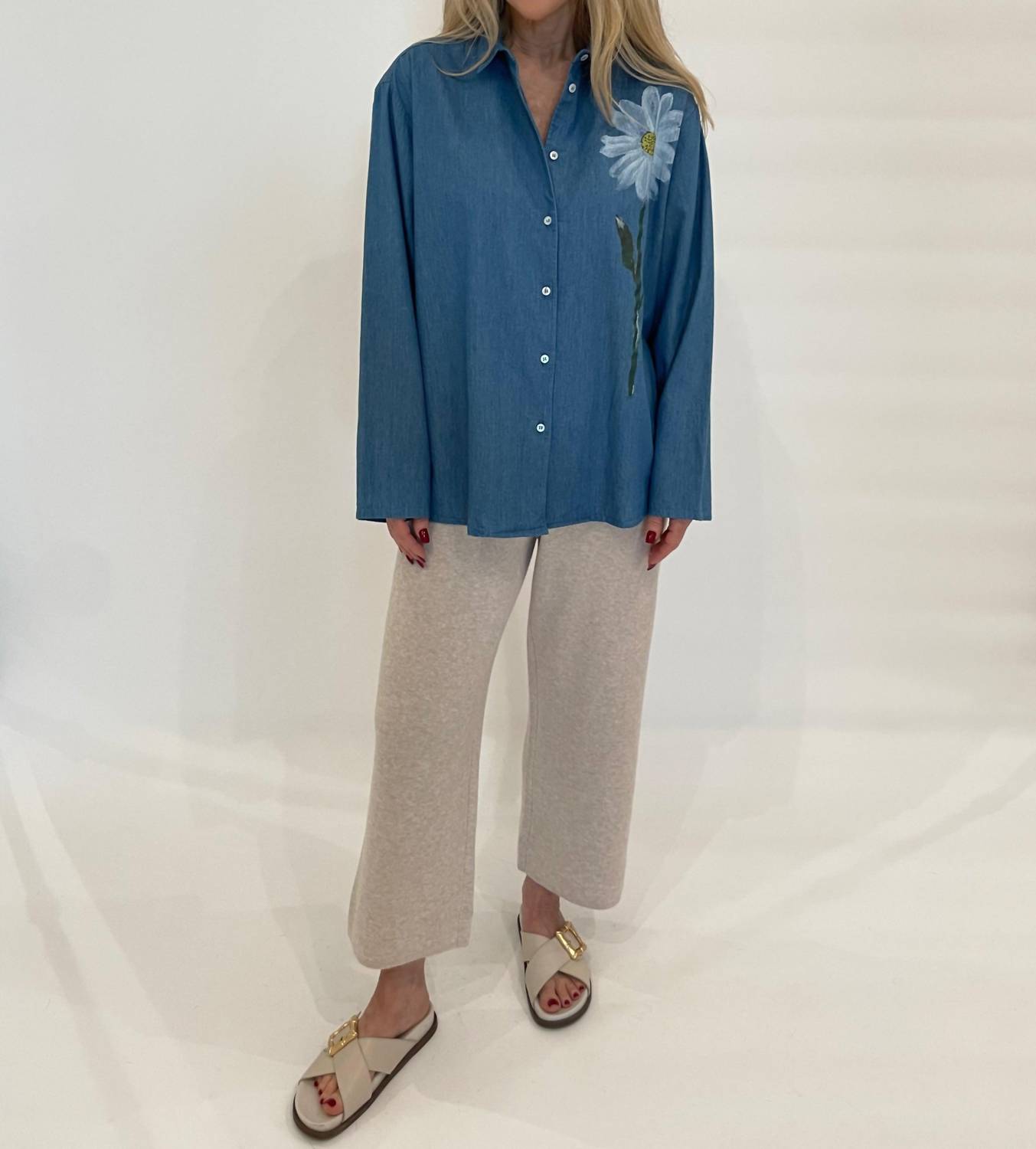 Whyci Milano - Mariana Hand - painted Flower Shirt - blue - button - down - shirts - clothing