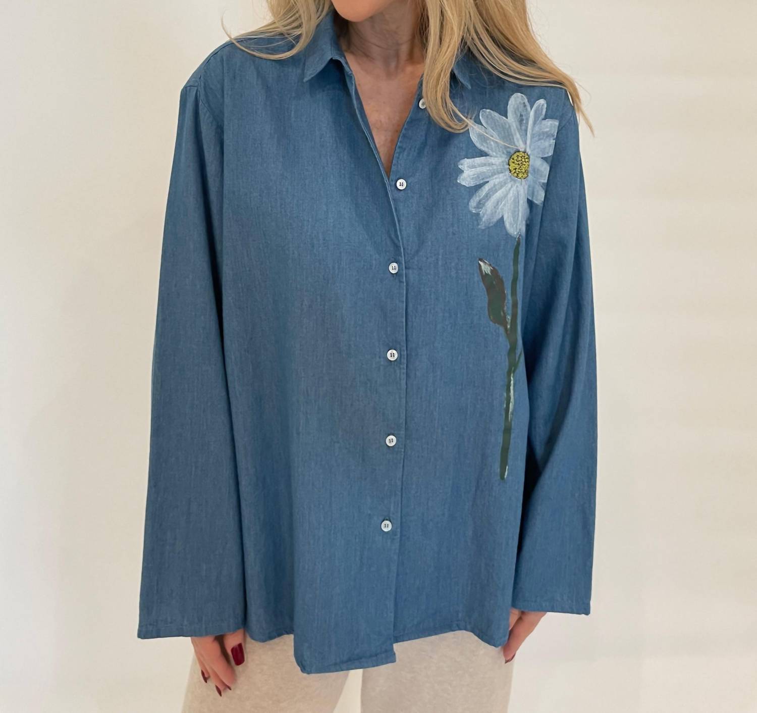 Whyci Milano - Mariana Hand - painted Flower Shirt - blue - button - down - shirts - clothing