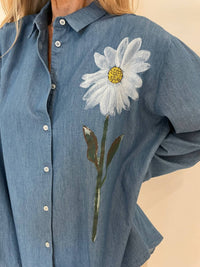 Whyci Milano - Mariana Hand - painted Flower Shirt - blue - button - down - shirts - clothing