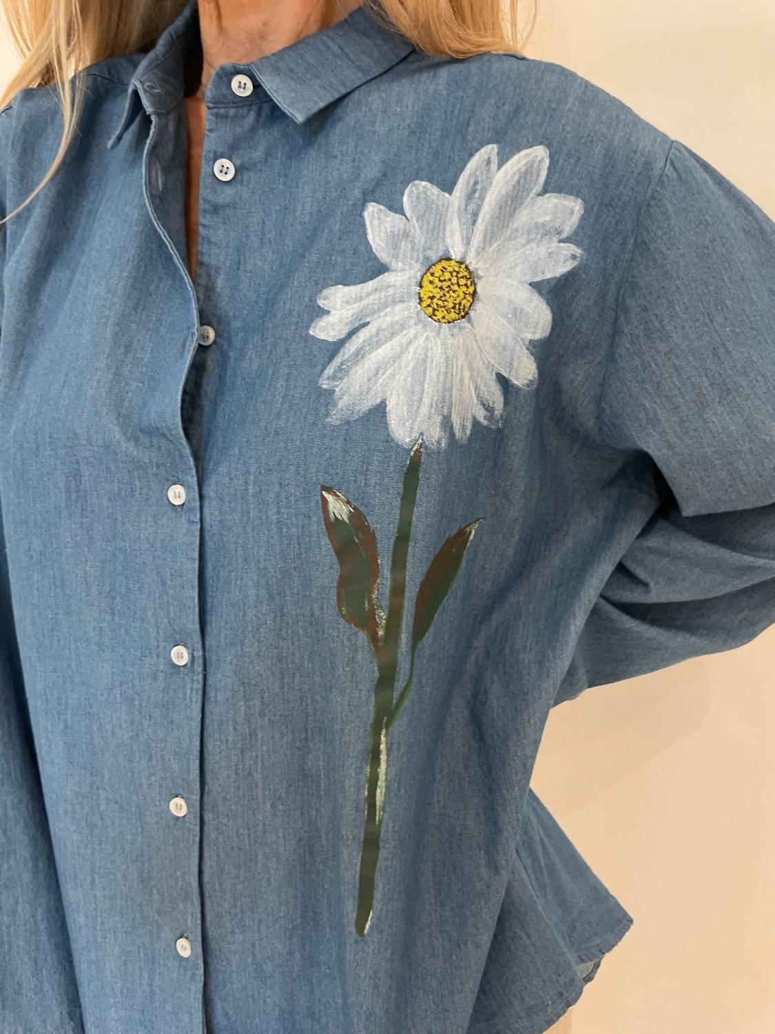 Whyci Milano - Mariana Hand - painted Flower Shirt - blue - button - down - shirts - clothing