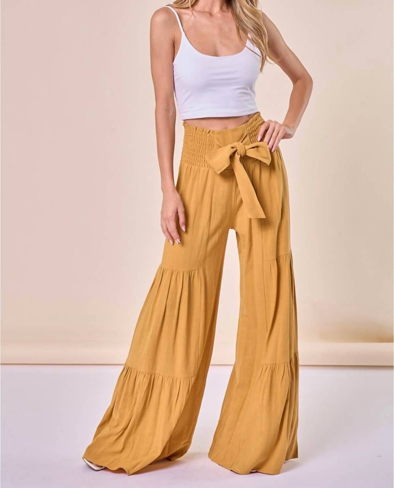 Wisteria Lane - Macie Wide Leg Mustard Palazzo Bow Pants - clothing - pants - textured