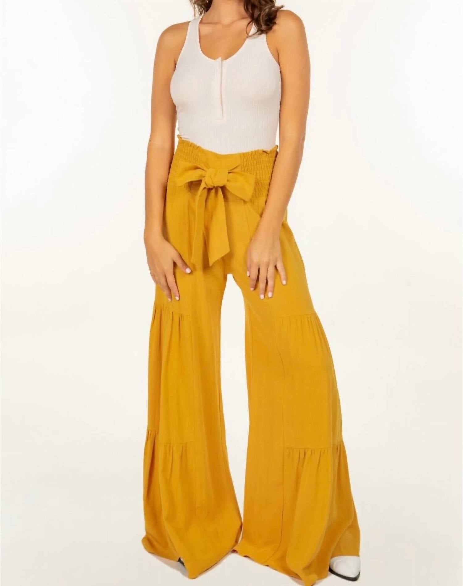 Wisteria Lane - Macie Wide Leg Mustard Palazzo Bow Pants - clothing - pants - textured