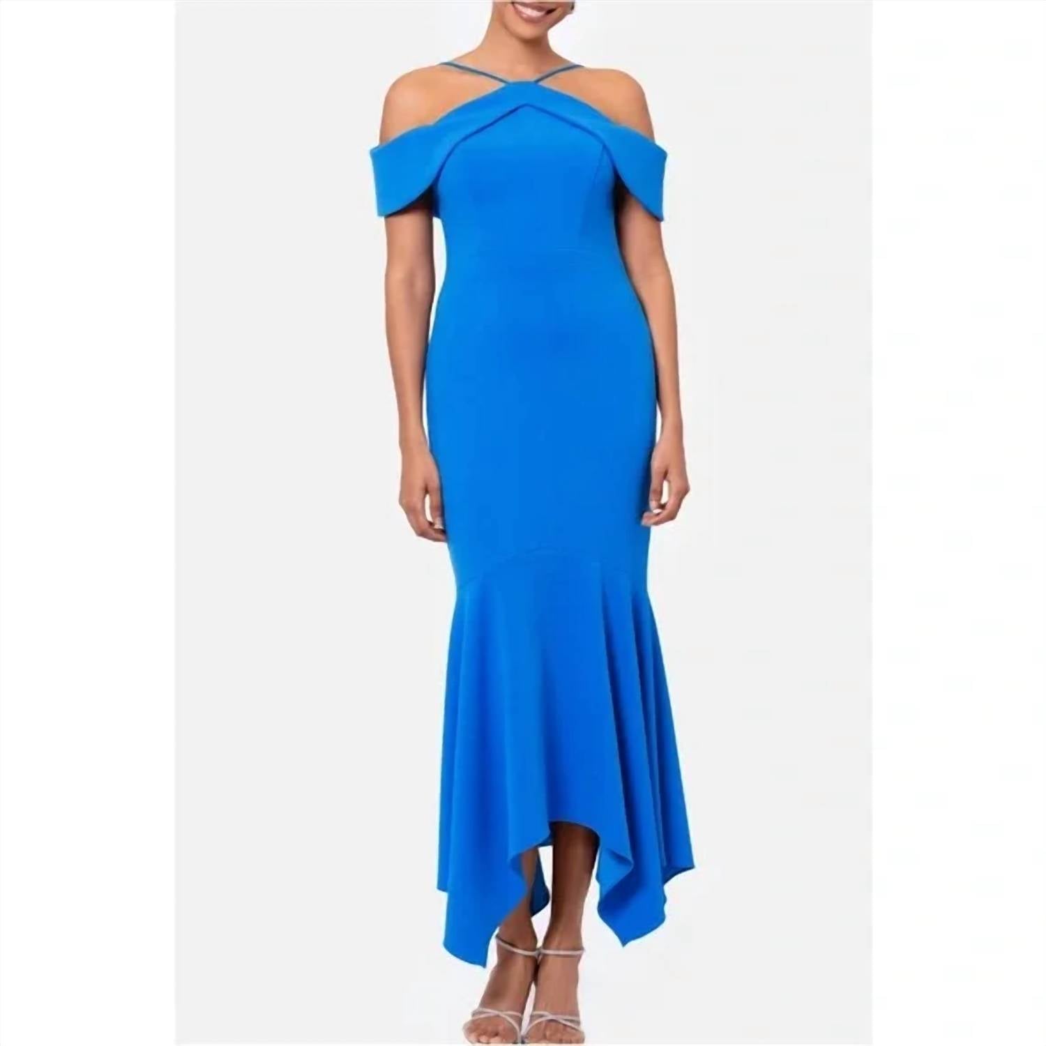 Xscape - Evening Cold Shoulder Handkerchief Hem Scuba Crepe Gown - blue - clothing - dresses