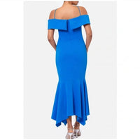Xscape - Evening Cold Shoulder Handkerchief Hem Scuba Crepe Gown - blue - clothing - dresses