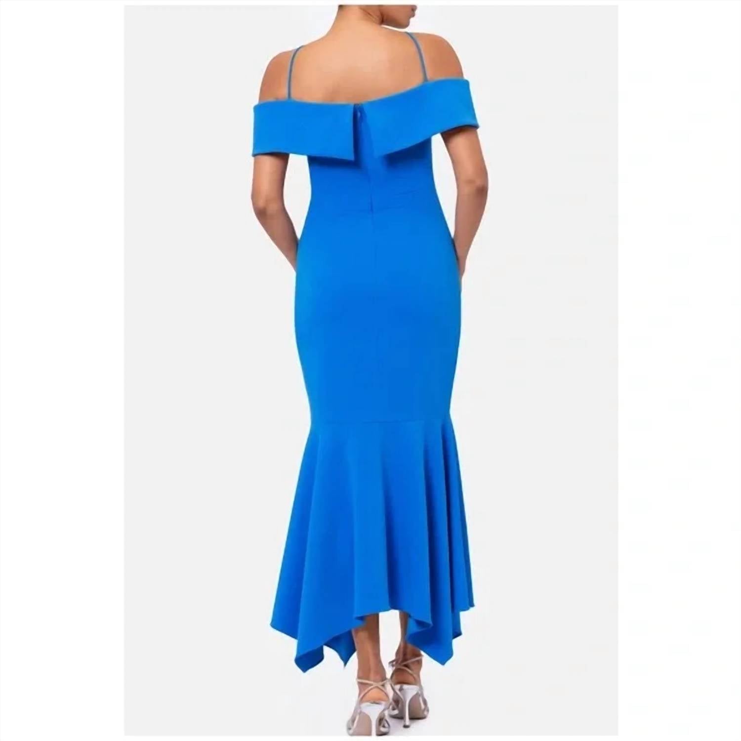 Xscape - Evening Cold Shoulder Handkerchief Hem Scuba Crepe Gown - blue - clothing - dresses