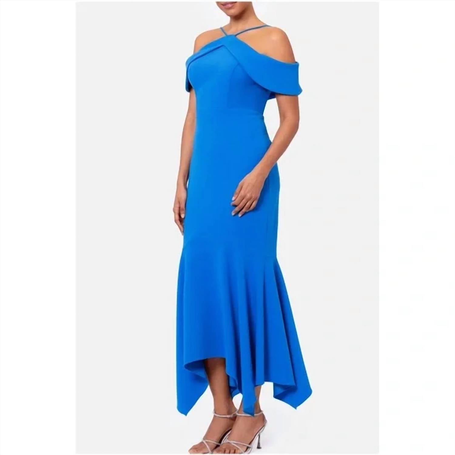 Xscape - Evening Cold Shoulder Handkerchief Hem Scuba Crepe Gown - blue - clothing - dresses