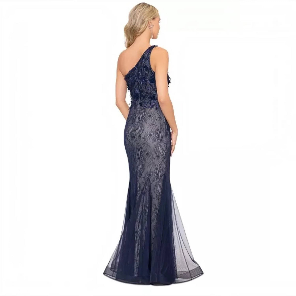 Xscape - Lace Mesh One-shoulder Gown