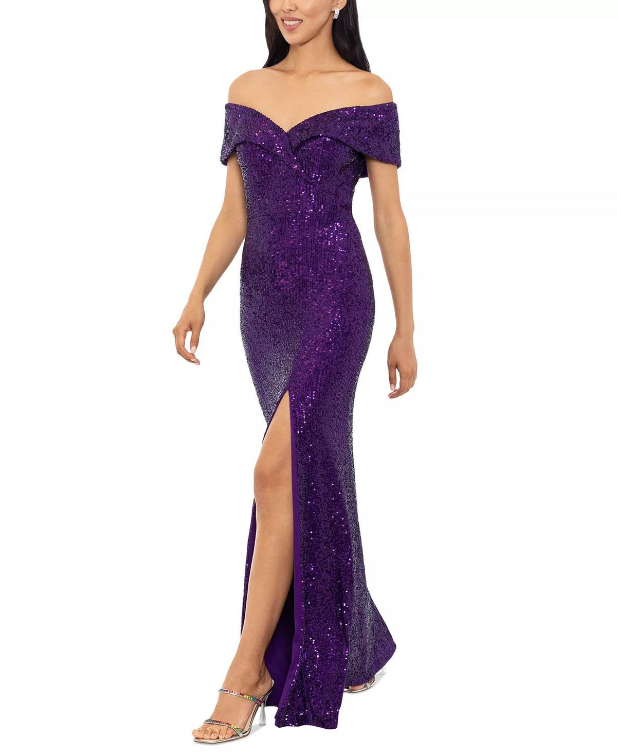 Xscape - Off-the-shoulder Side-slit Sequin Gown