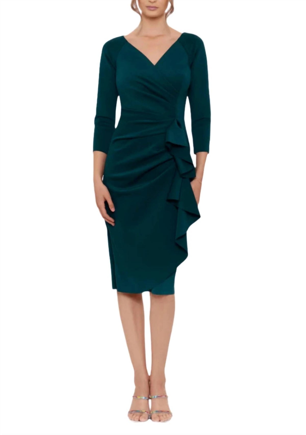 Xscape - V-neck Side Ruffle Midi Dress