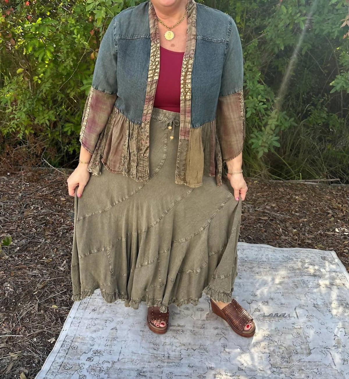 Young Threads - Bell Sleeve Patchwork Denim Kimono Shrug