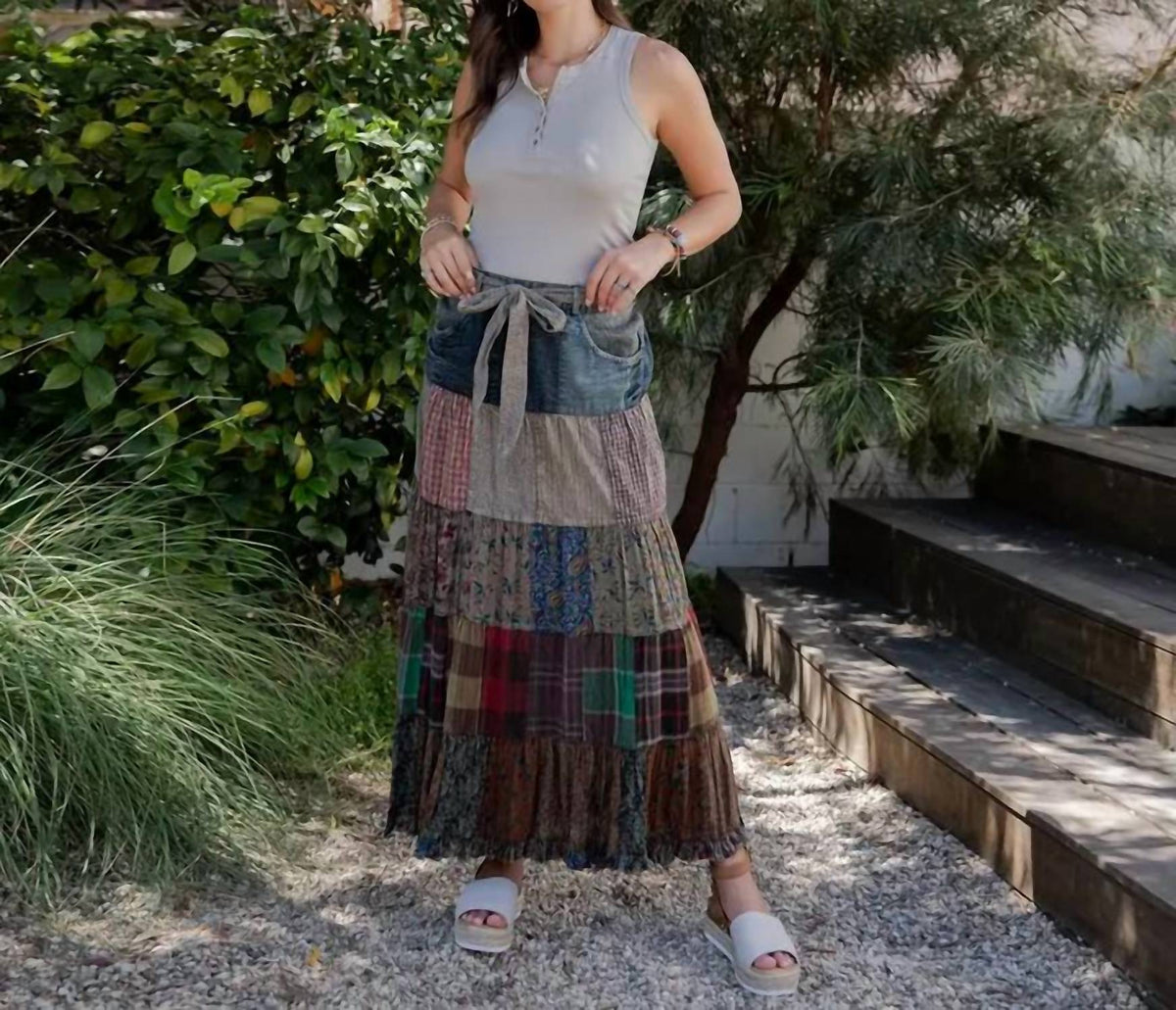 Young Threads - Patchwork Belted Maxi Skirt
