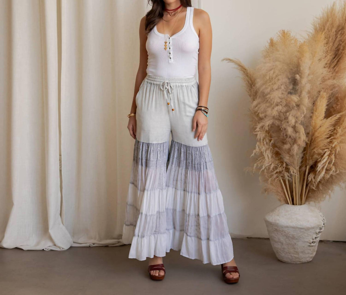 Young Threads - The Desert Wanderer Mixed Texture Tiered Palazzo Pant