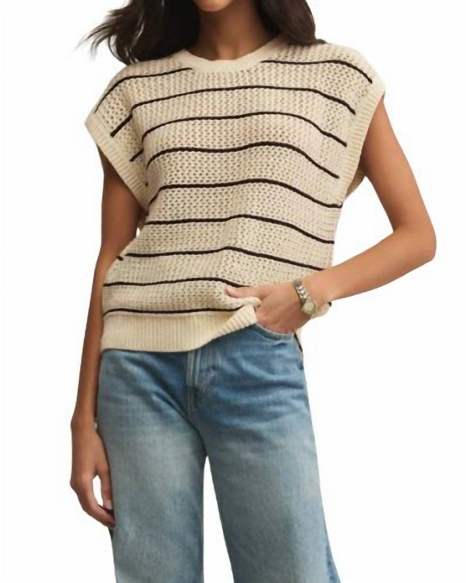 Z Supply - Ines Striped Crochet Sweater - beige - clothing - cotton - blend