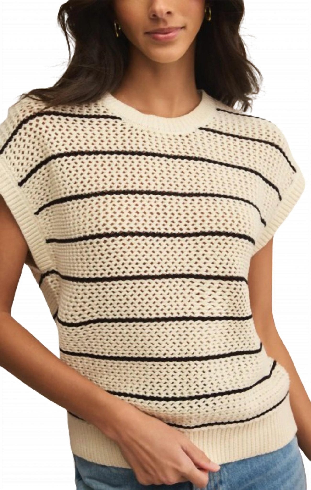 Z Supply - Ines Striped Crochet Sweater - beige - clothing - cotton - blend