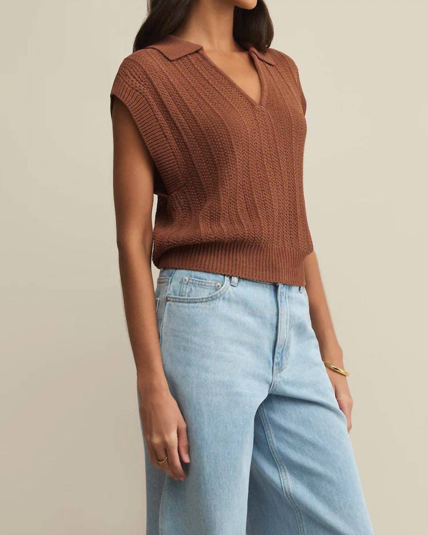 Z Supply - Lauden Crochet Polo Top - acrylic - blouses - brown
