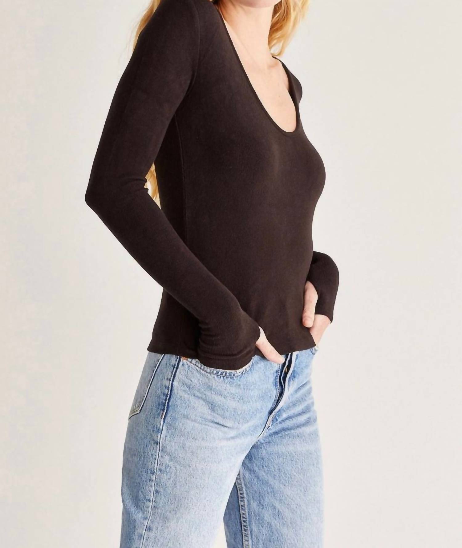 Z Supply - Sonya Brushed Rib Long Sleeve Top - black - clothing - rayon