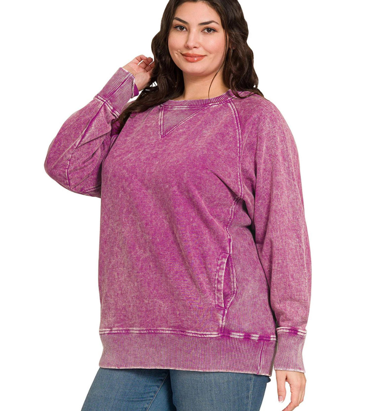 Zenana - Acid Washed French Terry Pullover Top - Plus