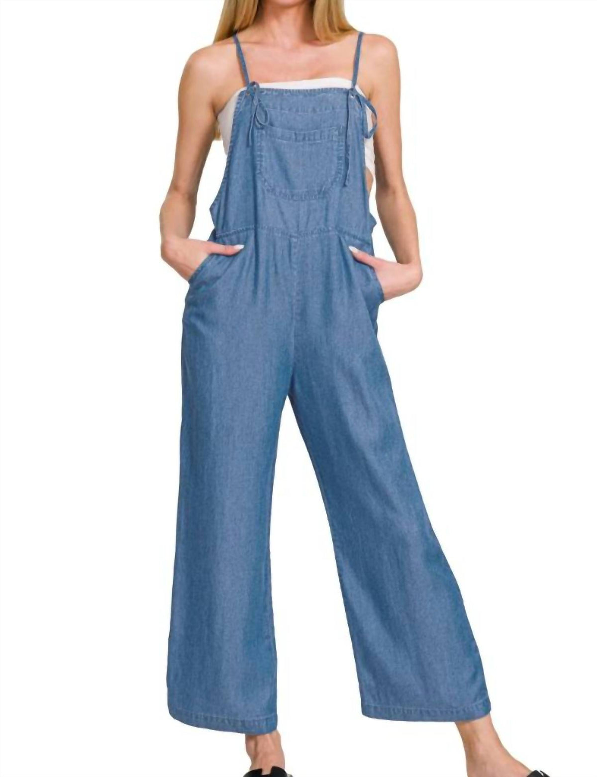Zenana - Adjustable Strap Denim Looking Jumpsuit