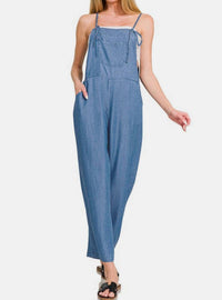 Zenana - Adjustable Strap Denim Looking Jumpsuit