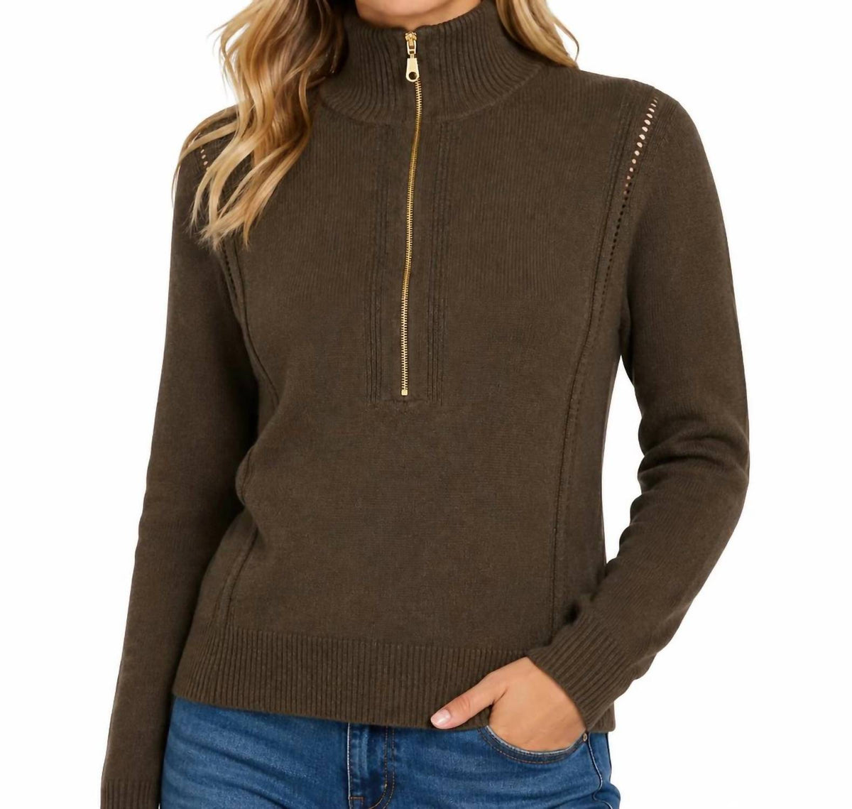 Zenana - Half Zip High Neck Sweater