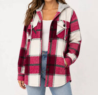 Zenana - Plaid Drawstring Hooded Fleece Shacket