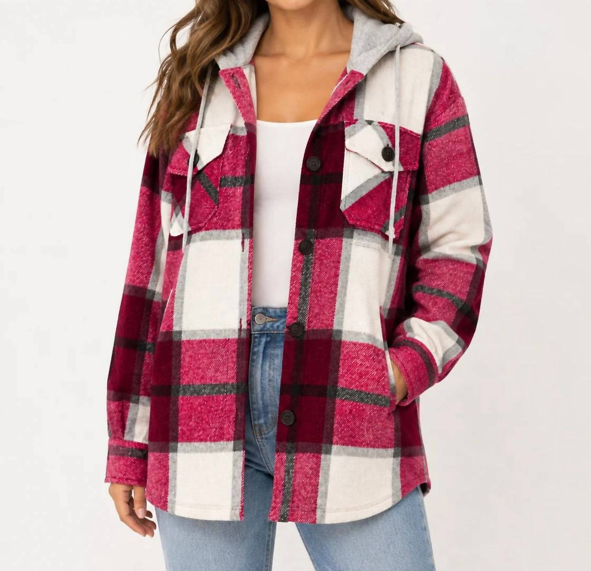 Zenana - Plaid Drawstring Hooded Fleece Shacket