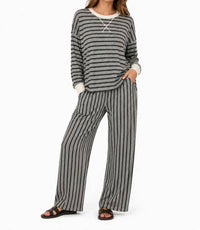 Zenana - Raised Rib Striped Pullover & Pants Set