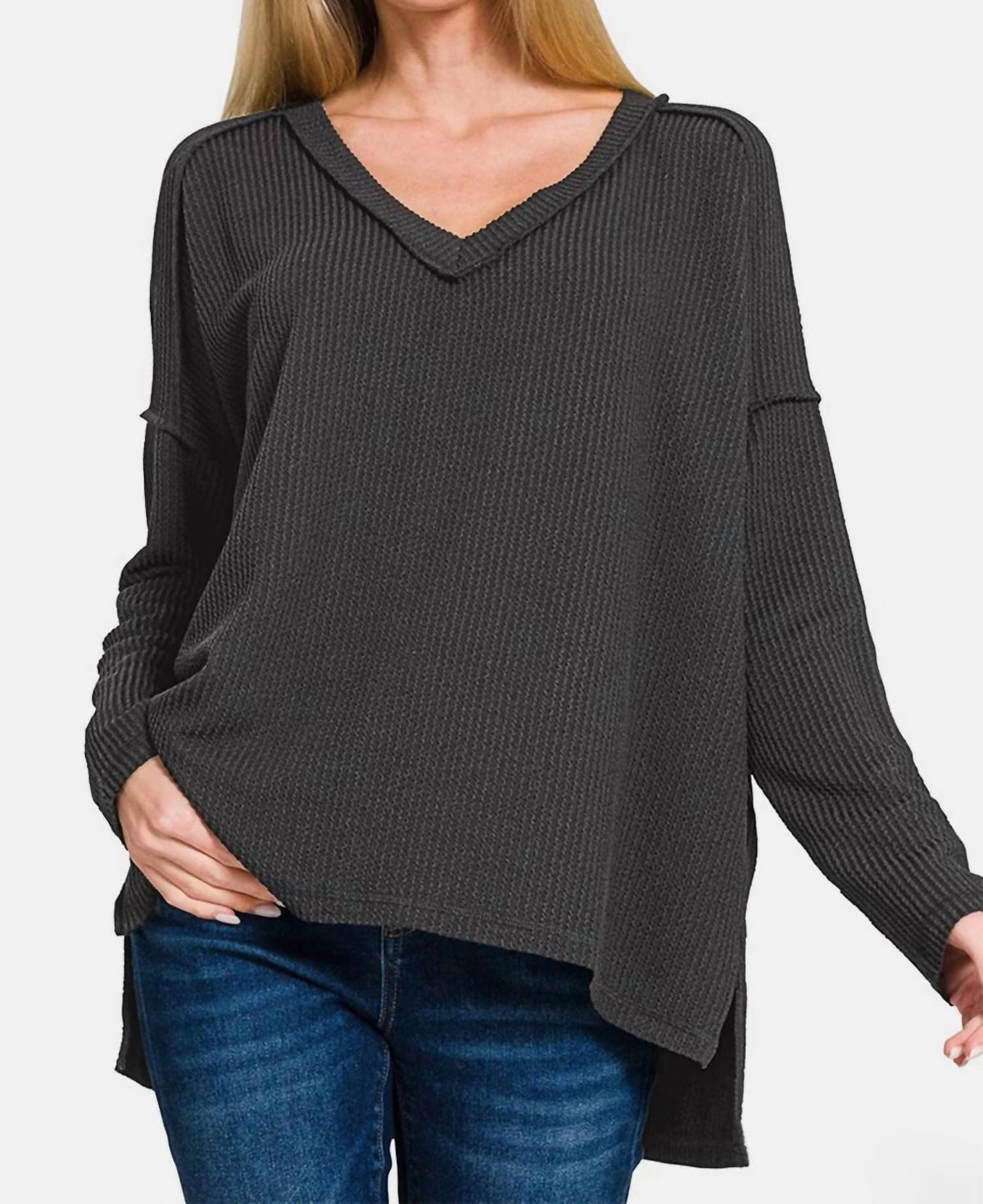 Zenana - Ribbed Top V-neck Drop Shoulder Top