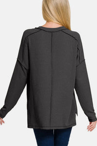 Zenana - Ribbed Top V-neck Drop Shoulder Top