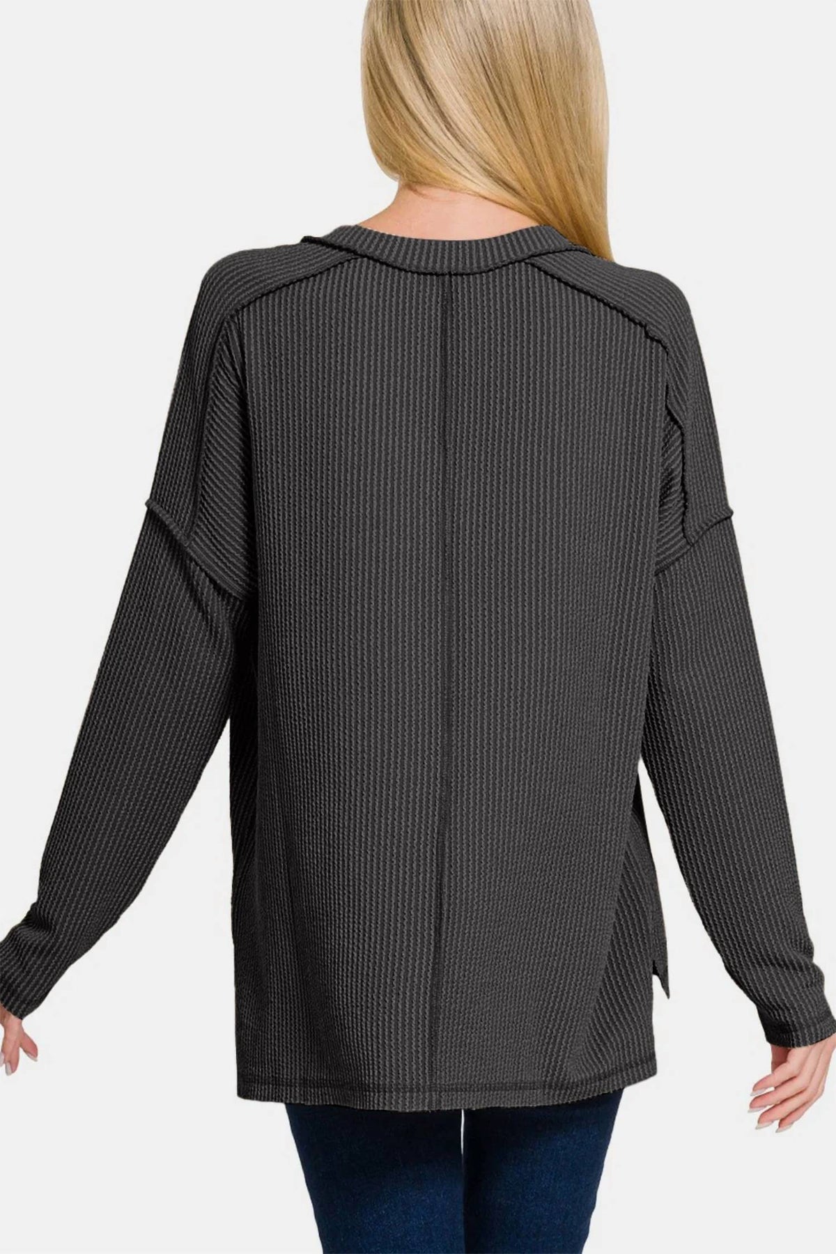 Zenana - Ribbed Top V-neck Drop Shoulder Top