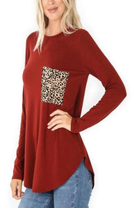 Zenana - Round Neck Leopard Print Pocket Top