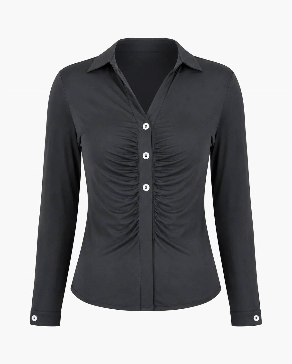 Zenana - Ruched Button-front Collared Top