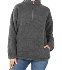 Zenana - Soft Sherpa Half Zip Pullover With Pockets