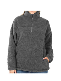 Zenana - Soft Sherpa Half Zip Pullover With Pockets