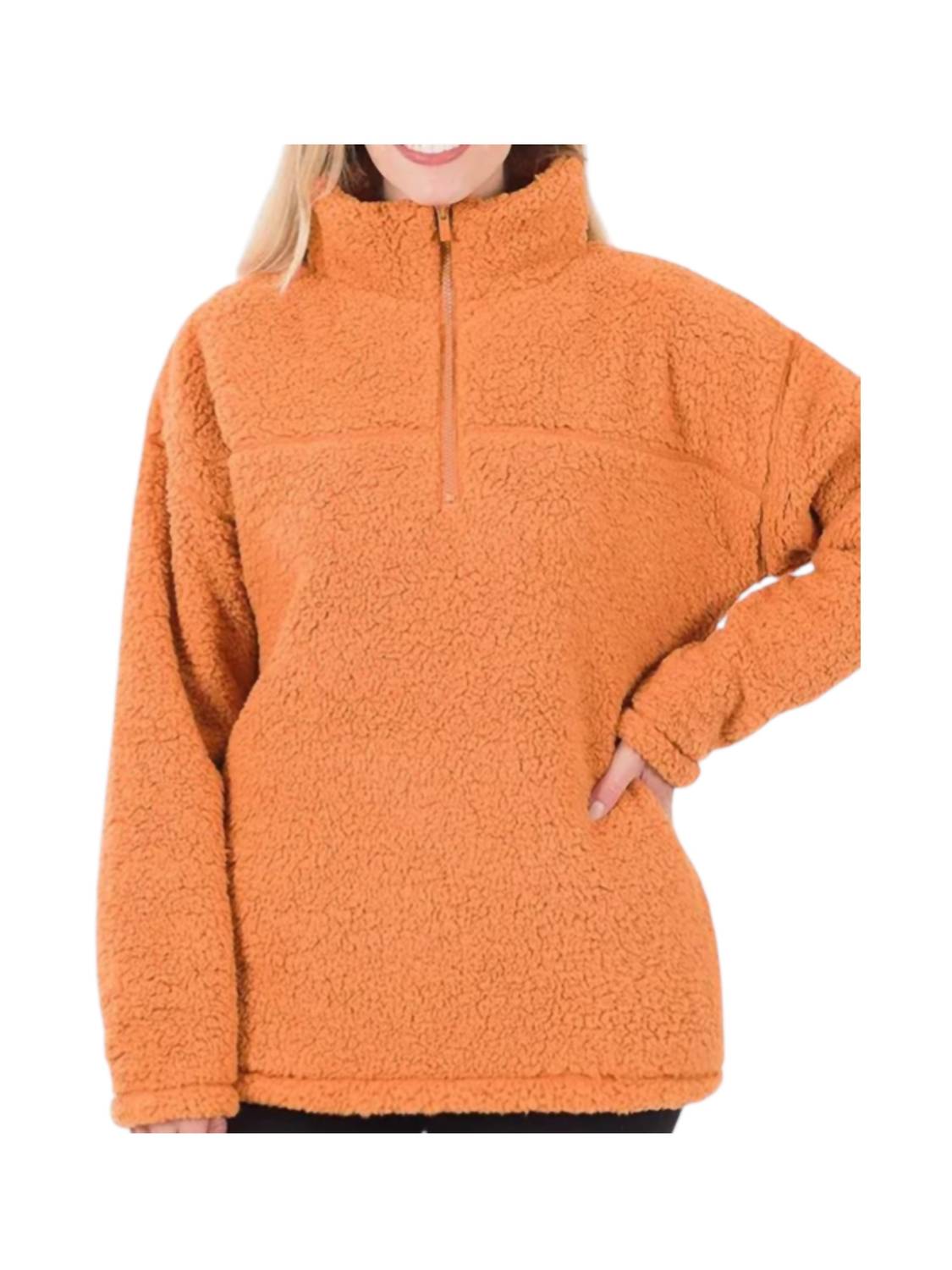 Zenana - Soft Sherpa Half Zip Pullover With Pockets