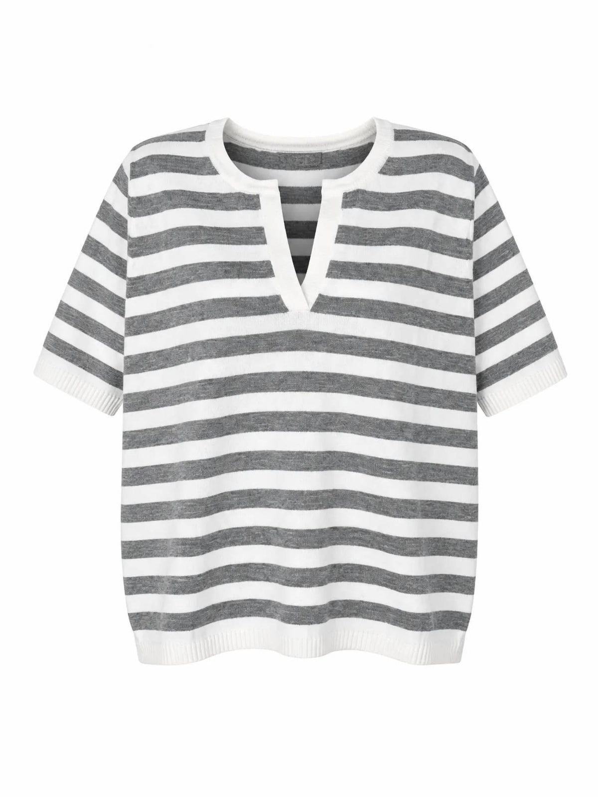 Zenana - Split Neck Stripe Short Sleeve Sweater